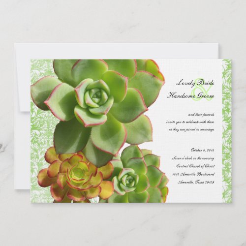 Green Succulents Vintage Damask Wedding Invitation