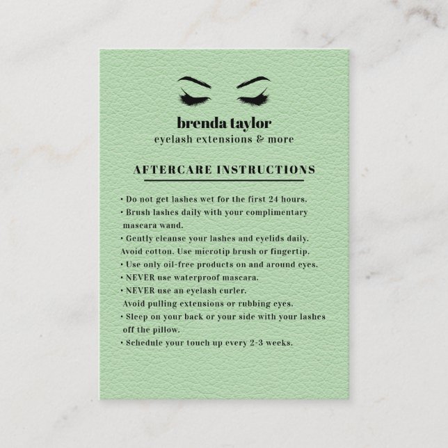 GREEN Suede Eyelash Browbar Aftercare Instructions Business Card (Front)