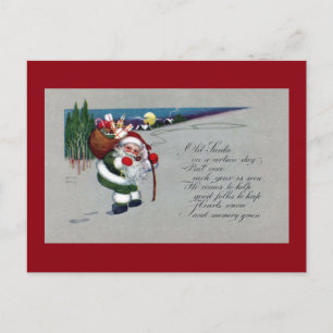 Green Suited Santa Hikes Up Hill Vintage Christmas Holiday Postcard