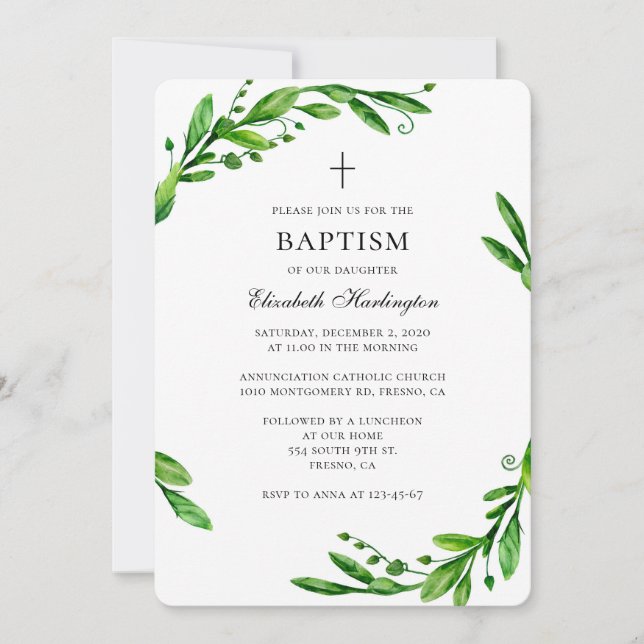 Green summer baptism invitation. Watercolor leaves Invitation (Front)