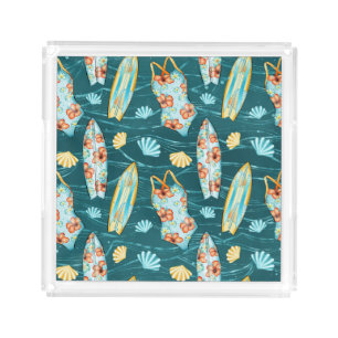 GREEN SUMMER BATHING SUITS SURFBOARDS AND SEASHELL ACRYLIC TRAY
