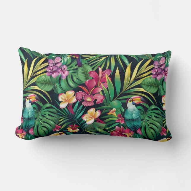 Green Summer Florals with Tropical Foliage Lumbar Pillow (Front)
