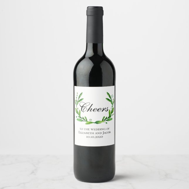 Green summer wine glass. Greenery cheers wedding Label (Front)