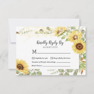 Green Sunflower Eucalyptus String Lights Wedding RSVP Card