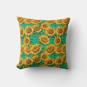 Green Sunflower Floral Cottagecore Pattern Throw Pillow