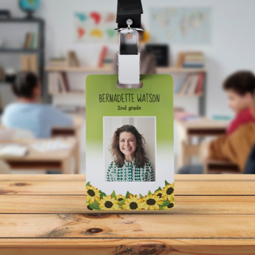 Green Sunflower Kindergarten School Teacher ID Badge