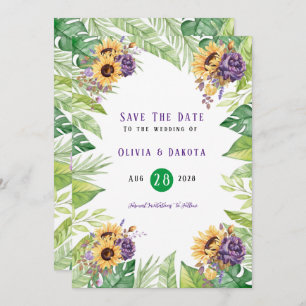 Green Sunflower Purple Floral Save The Date Cards