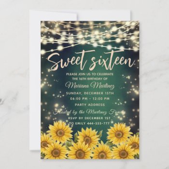 Green Sunflower  String Lights Gold Sparkle  Invitation by Makidzona at Zazzle