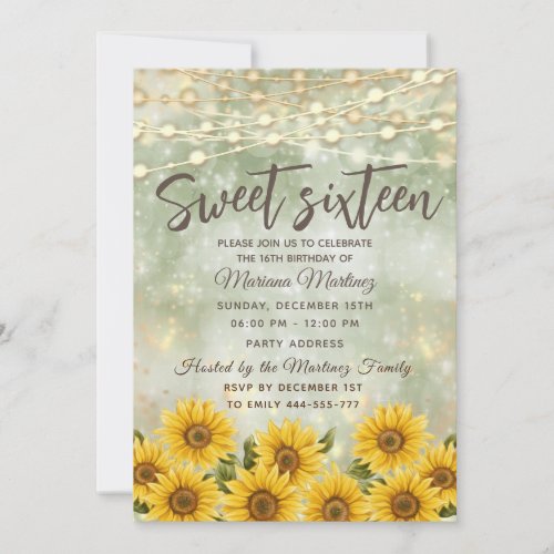 Green Sunflower  String lights gold sparkle  Invitation