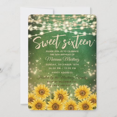 Green Sunflower  String lights gold sparkle  Invitation