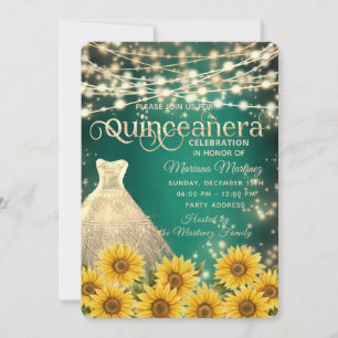 Green Sunflower  String lights gold sparkle quince Invitation