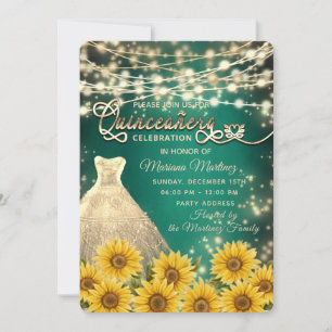 Green Sunflower String lights gold sparkle quince Invitation