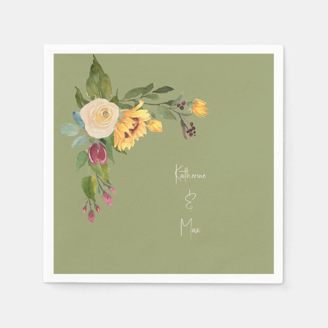 Green Sunflower Wedding Cocktail Napkins (Front)