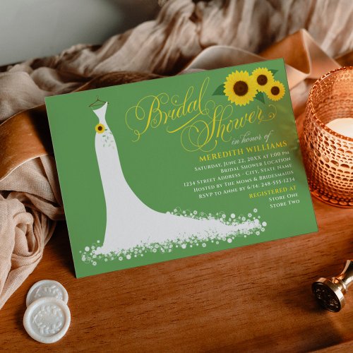 Green Sunflower Wedding Gown Bridal Shower Invitation