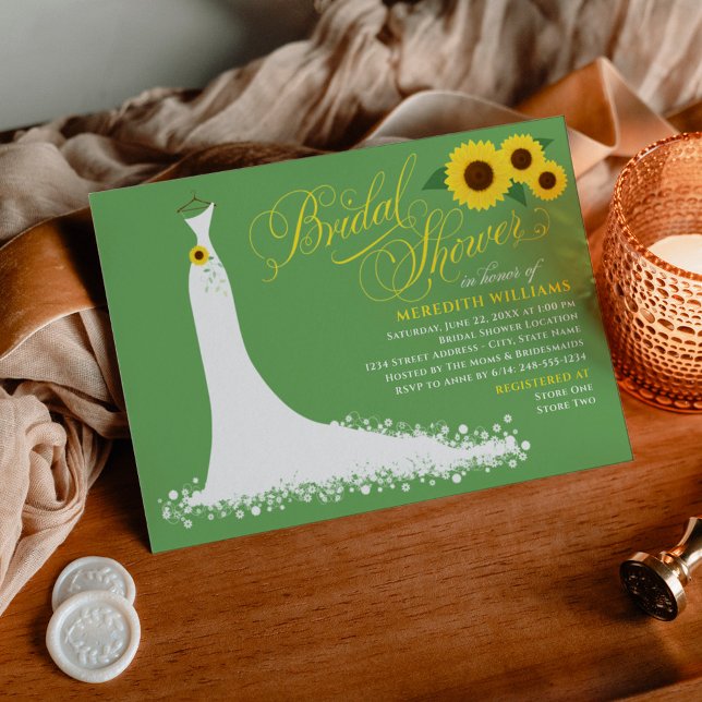 Green Sunflower Wedding Gown Bridal Shower Invitation (Creator Uploaded)