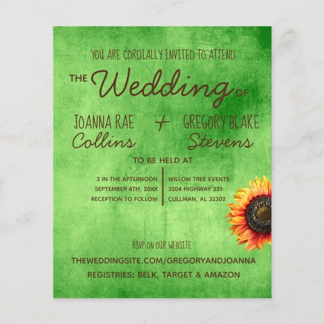Green Sunflower Wedding Invitation Postcard Flyer (Front)