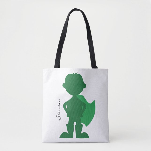 Green Superhero Boy Modern Personalized Silhouette Tote Bag (Front)