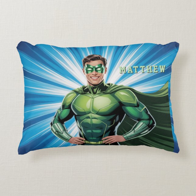 Green Superhero Boys Birthday Party Gift Accent Pillow (Front)