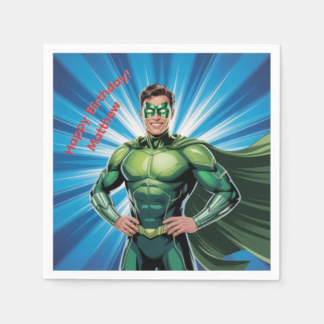 Green Superhero Boys Birthday Party Napkins (Front)