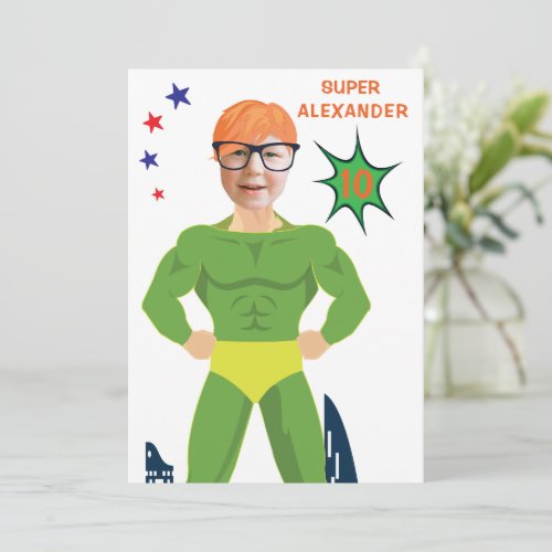 Green Superhero Muscle Man Aqua Fun Birthday Invitation