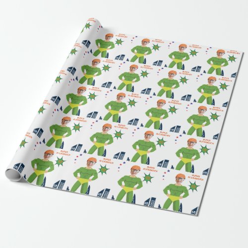 Green Superhero Muscle Man Aqua Fun Birthday Wrapping Paper