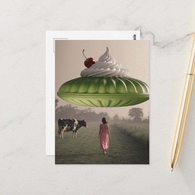 Green Surreal Sweet Treat in Dairy Pasture Postcard (Front/Back In Situ)