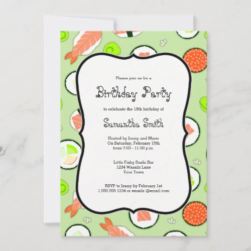 Green Sushi Theme Birthday Party Invitation