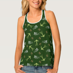 Green Swallows and Flowers Pattern Casual Women's Tank Top