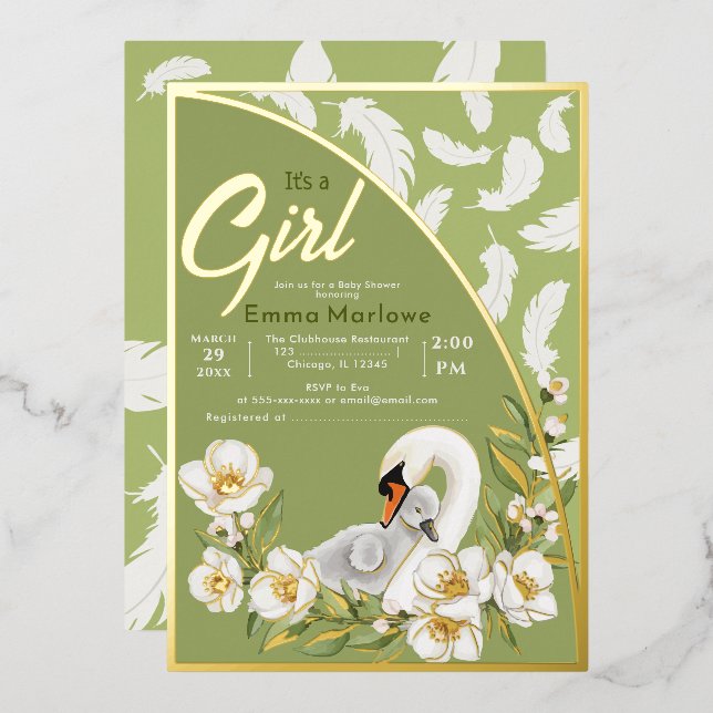 Green Swan Baby Foil Invitation (Front/Back)
