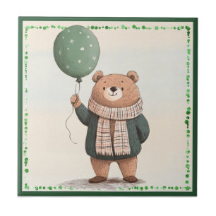 Green Sweater Bear with Fall Plaid Scarf Ceramic Tile