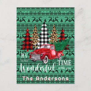 Green Sweater Reindeer Red Vintage Truck Holiday Postcard