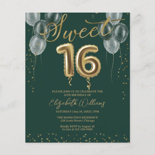 Green Sweet 16 Bday Balloons Budget Invitations