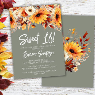 Green Sweet 16 Birthday Fall Floral Invitation