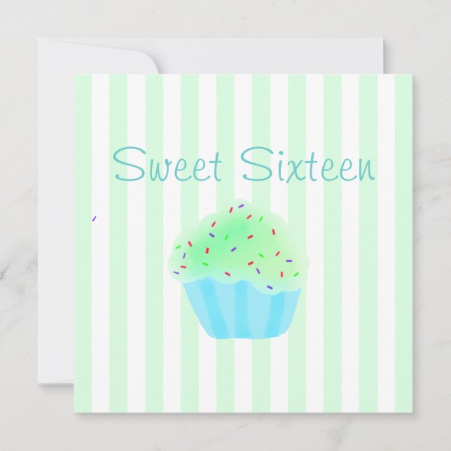 Green Sweet Sixteen Cupcake Birthday Invitation (Front)