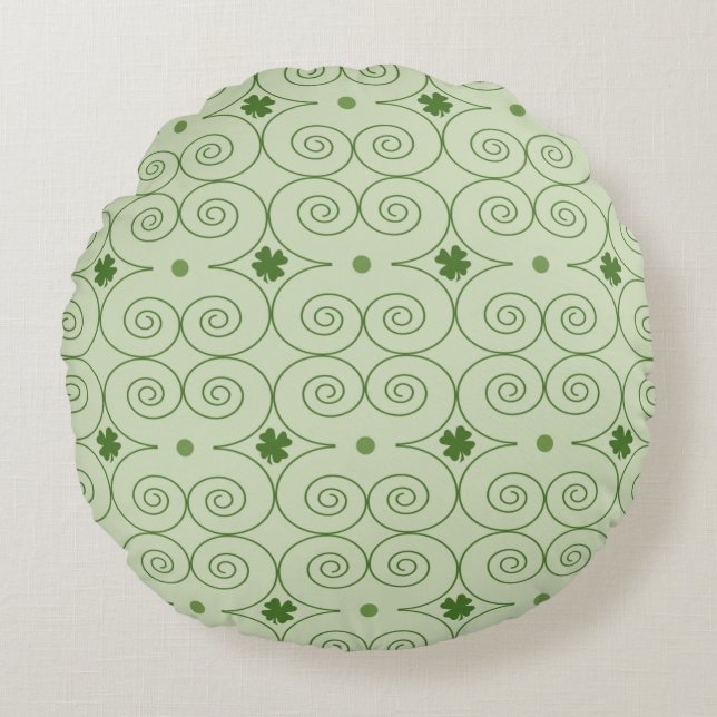 Green Swirl and Clover Pattern Round Pillow (Front)