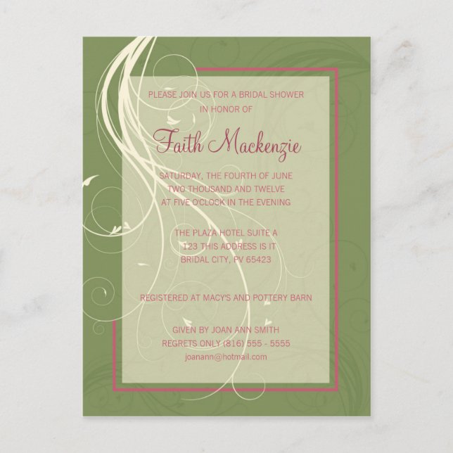Green Swirl Bridal Shower Invitation Postcard (Front)