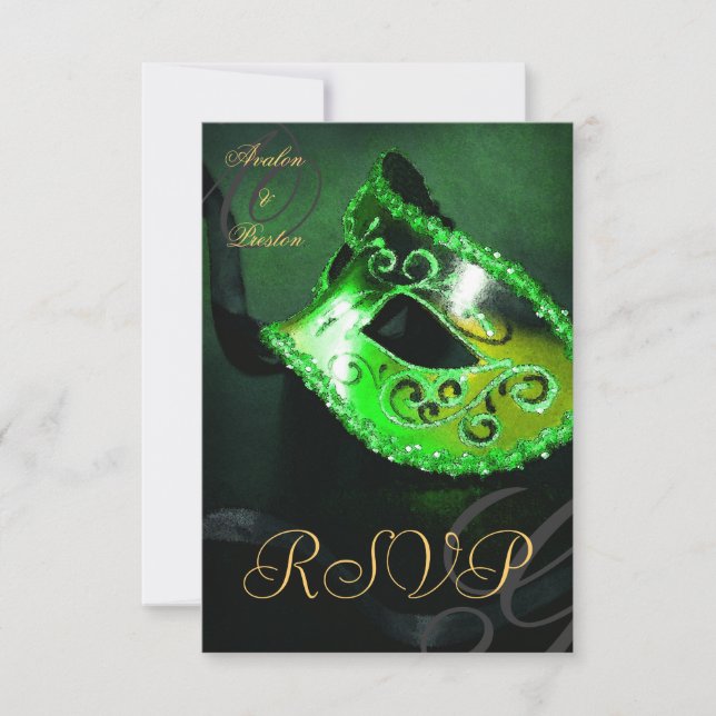Green Swirl Masquerade Mask RSVP Invitation (Front)