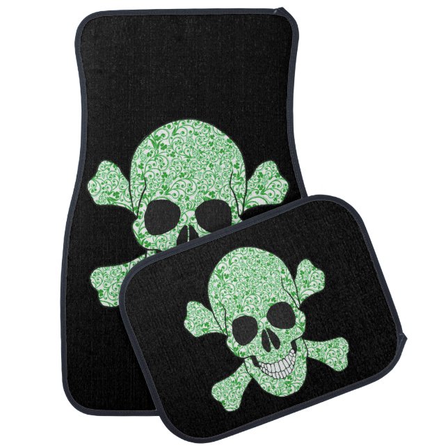 Green Swirl Skull And Crossbones Car Floor Mat (Set)
