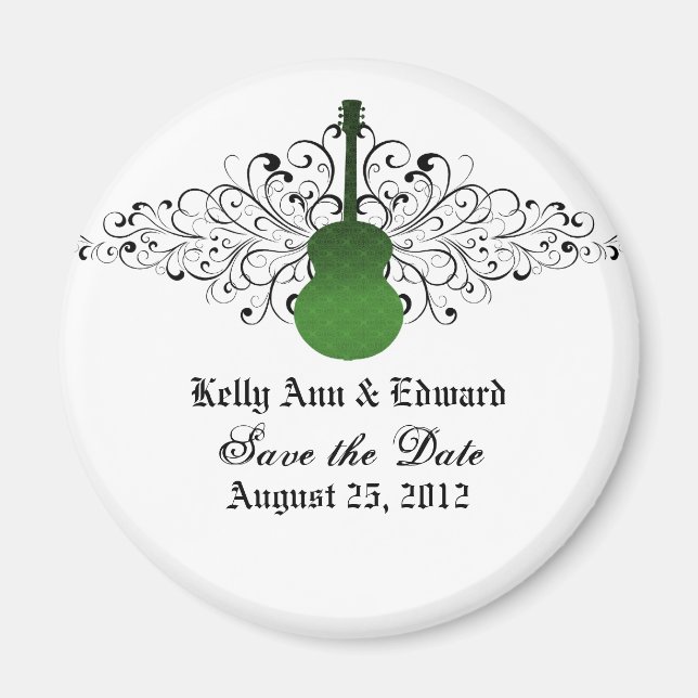 Green Swirls Guitar Save the Date Magnet (Front)