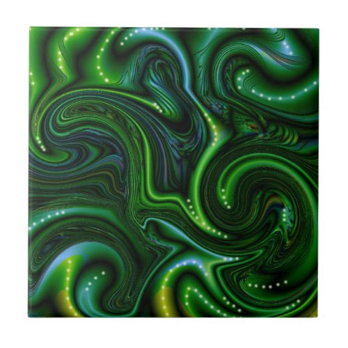 Green Swirly Spotted Abstract Fine Art  Ceramic Tile