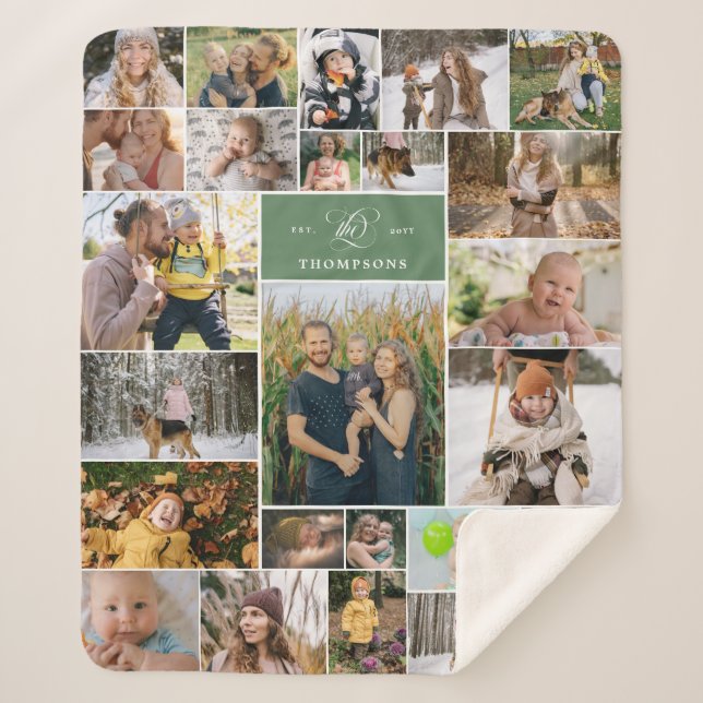 Green Swirly The Family Name 25 Photo Collage Sherpa Blanket (Front)