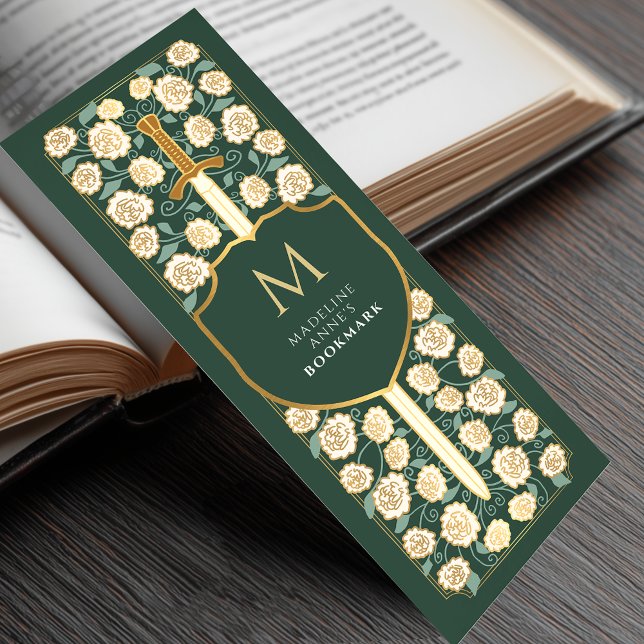 Green Sword Shield Medieval Fantasy Name Monogram Bookmarks (Creator Uploaded)