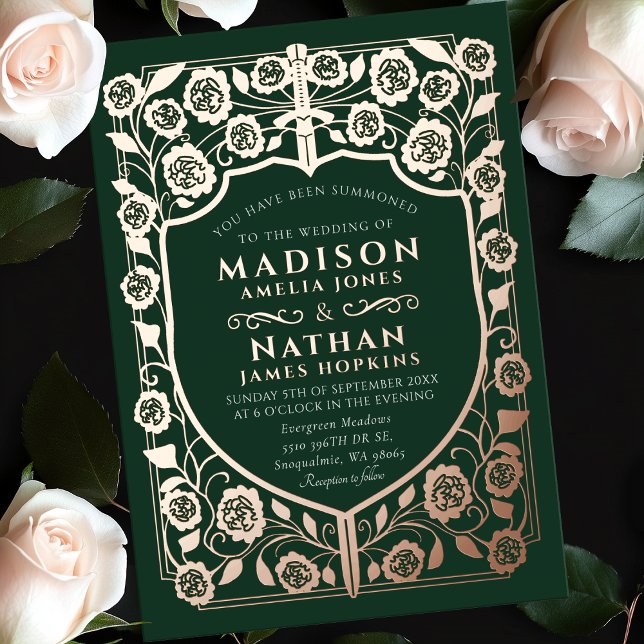 Green Sword Shield Medieval Monogram Wedding Foil Invitation (Creator Uploaded)