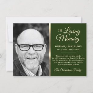 Green Sympathy Funeral Memory THANK YOU Photo Card