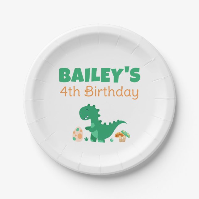 Green T-Rex Dinosaur Birthday Party Paper Plates (Front)