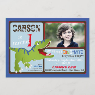 Green T-Rex Dinosaur First Birthday Invite