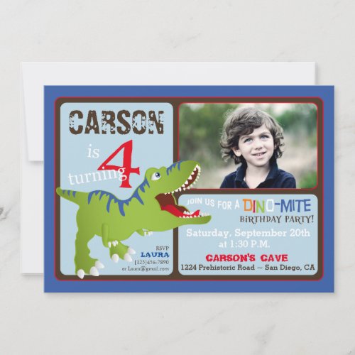 Green T_Rex Dinosaur Fourth Birthday Invite