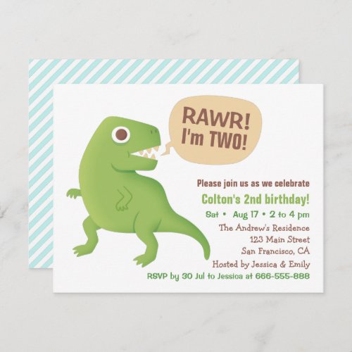 Green T Rex Dinosaur Kids Birthday Party Invitation