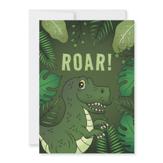 Green T-rex Dinosaur With Roar Text Birthday Party Invitation