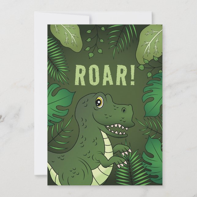 Green T-rex Dinosaur With Roar Text Birthday Party Invitation (Front)
